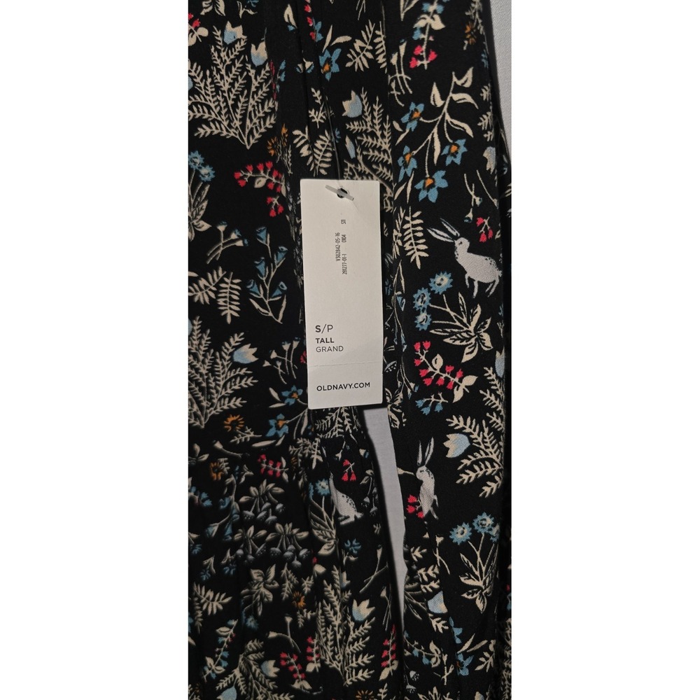$25 NWT OLD NAVY long sleeve babydoll dress S Tall black blue floral bunny zips - Picture 10 of 14